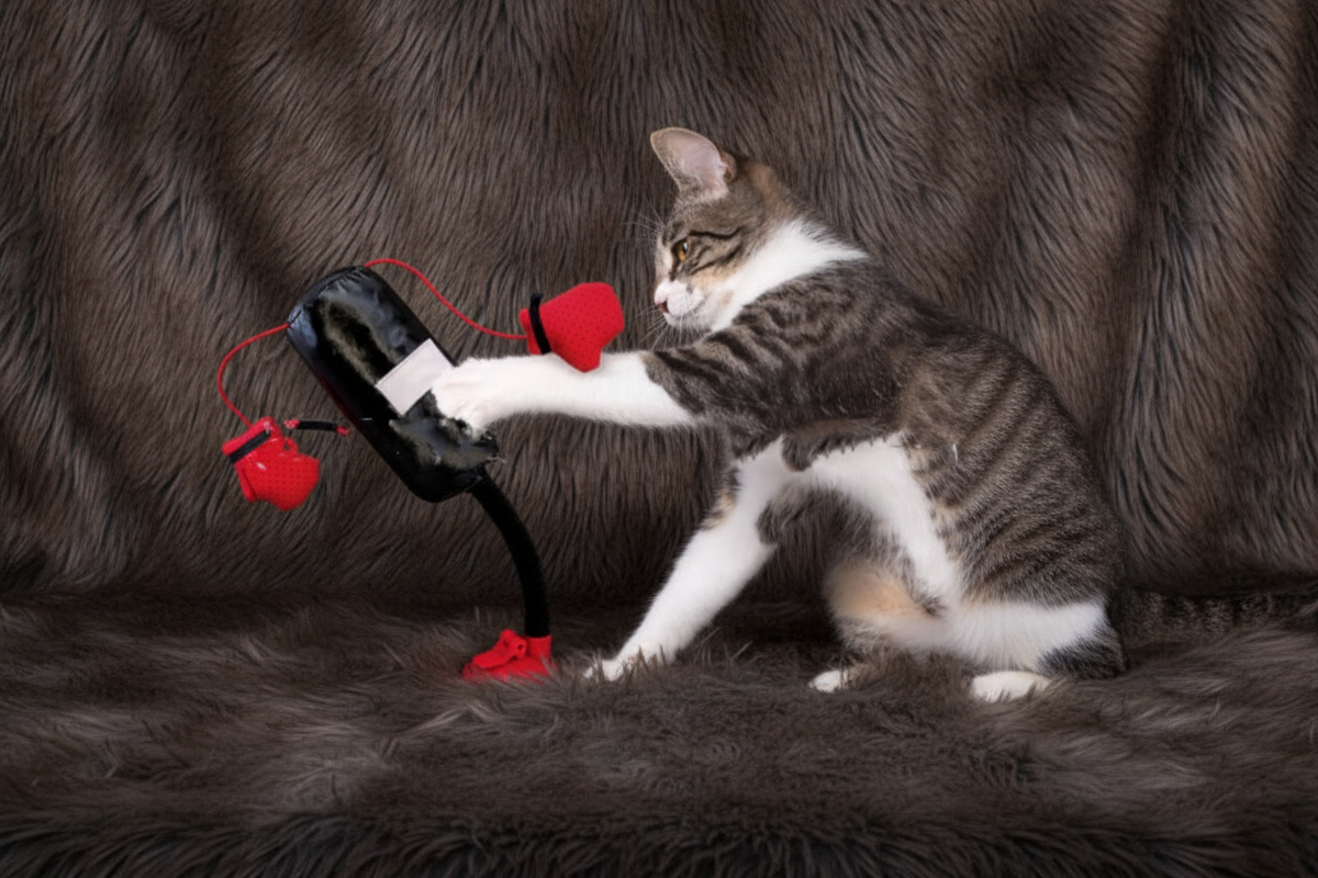 Cat Boxing Toy on Dark Fur - 1