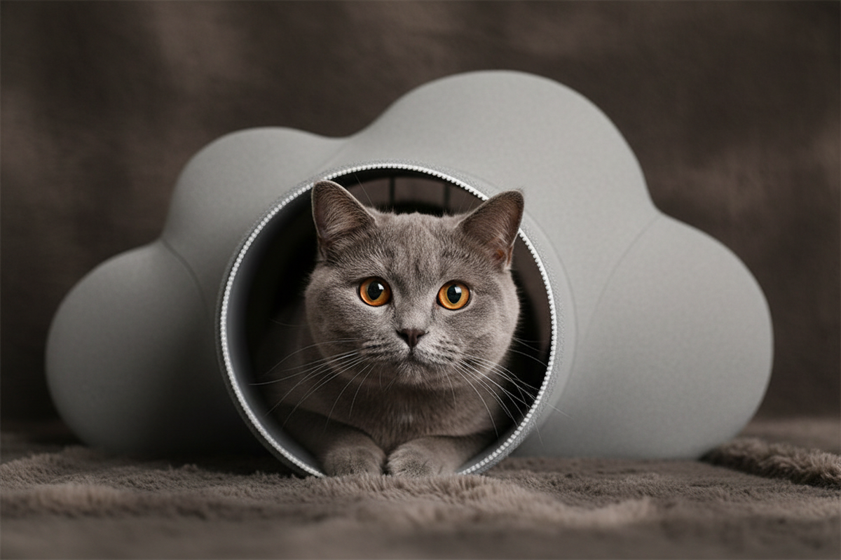 British Shorthair peeking from round cat tunnel entrance