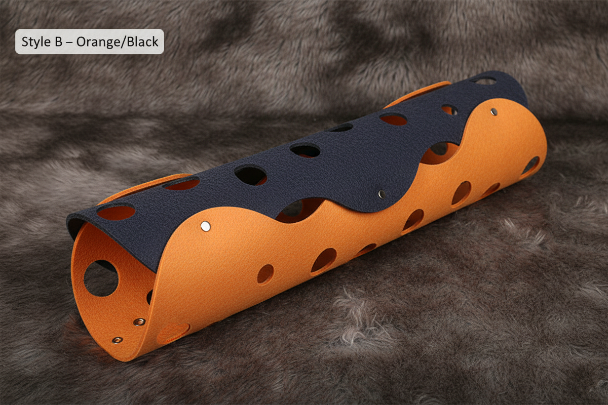 Style B orange black felt roll tunnel hero shot on faux fur