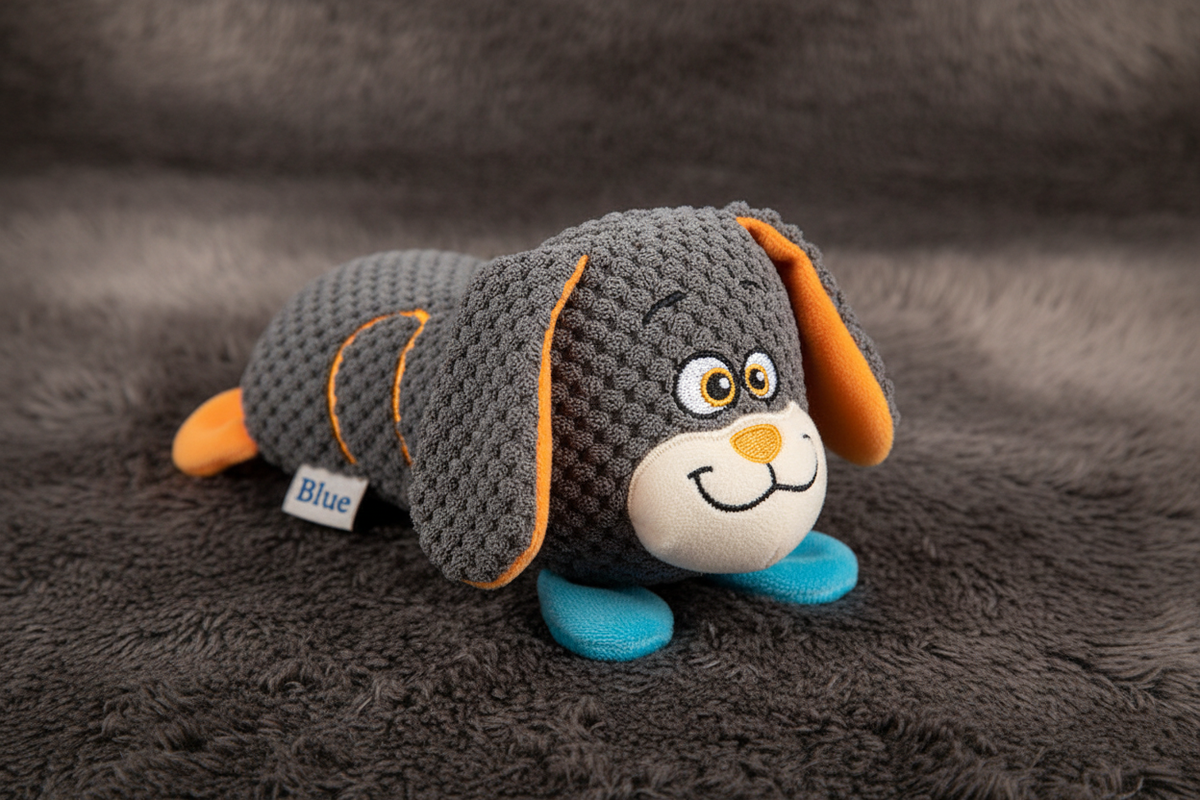Blue accent donkey plush squeaky dog toy hero shot on faux fur