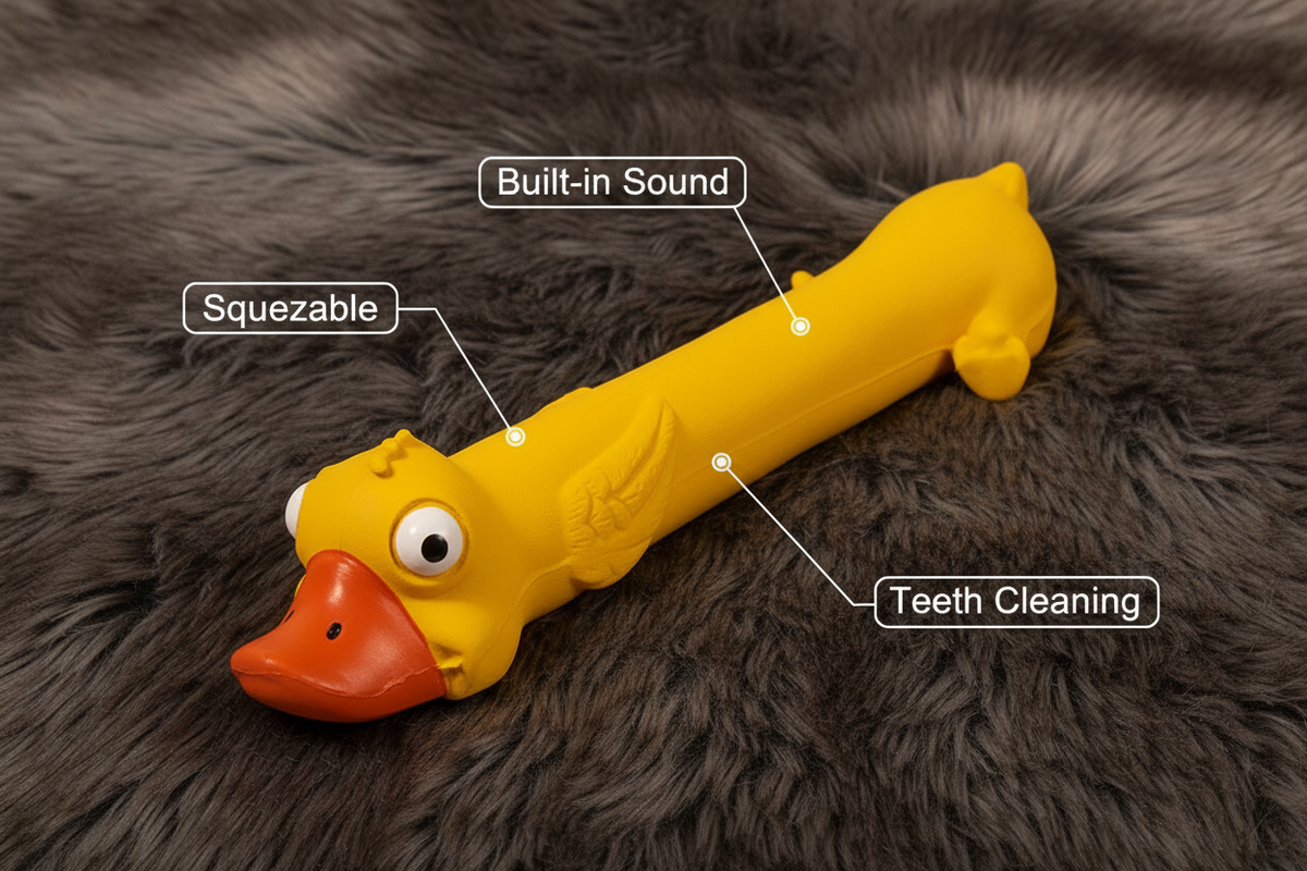 Duck toy feature callout built-in sound squeezable teeth cleaning