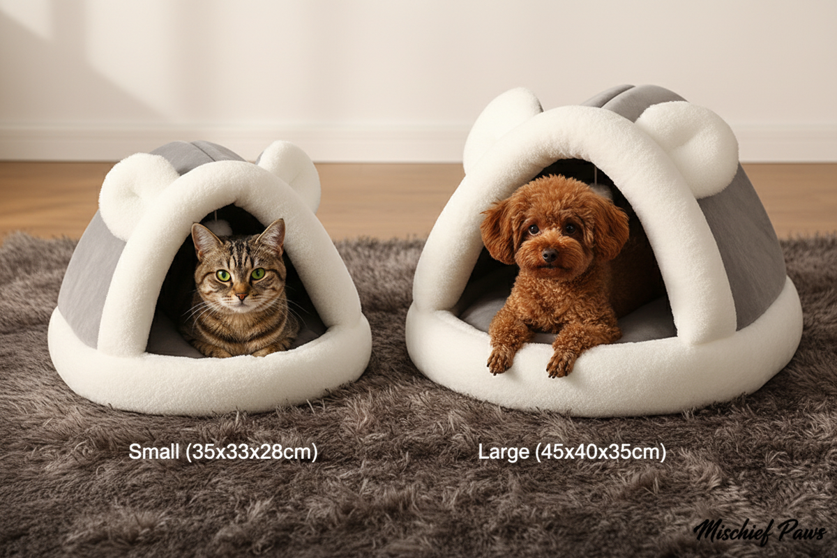 Small vs large igloo cave bed size comparison on faux fur