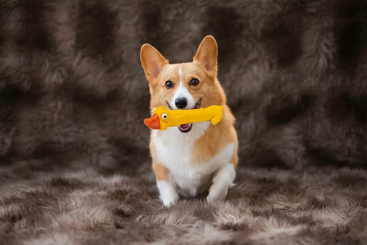 Corgi dog carrying yellow duck squeaky toy