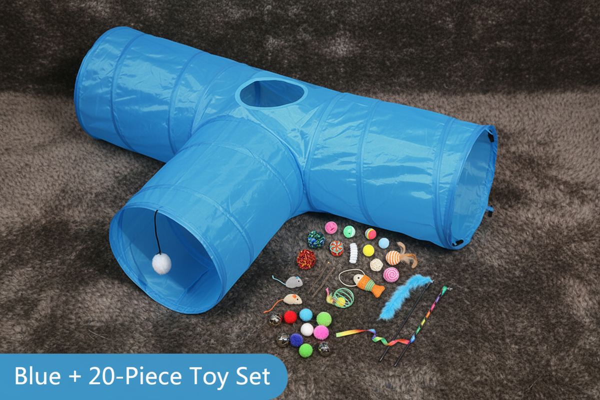 Blue tunnel with 20-piece cat toy set bundle on faux fur