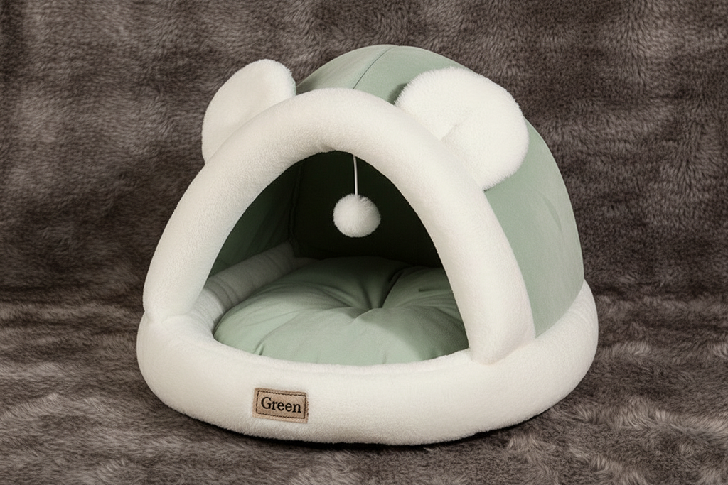Green igloo tent cave pet bed hero shot on faux fur