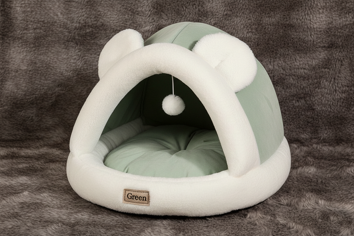 Green igloo tent cave pet bed hero shot on faux fur