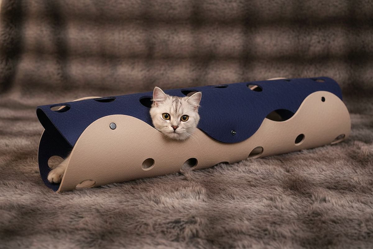 Silver tabby cat inside blue beige felt roll tunnel on faux fur