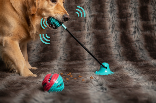 Golden retriever playing with suction cup tug toy