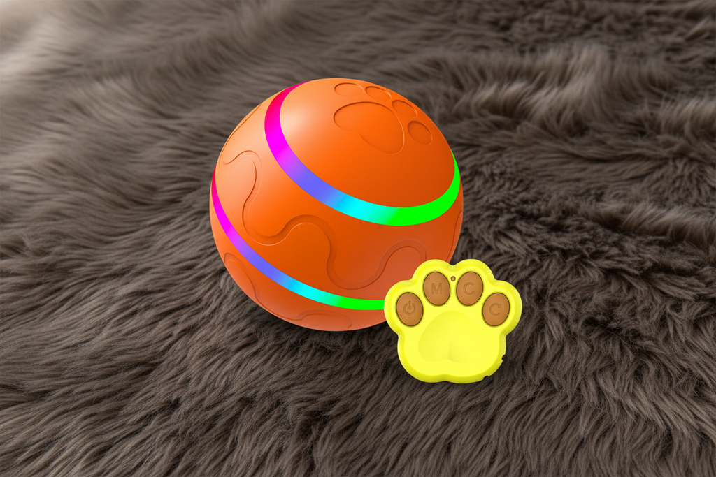 Orange ball with paw-shaped remote
