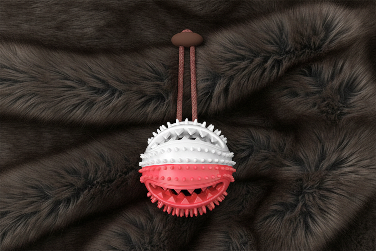 White and pink chew ball close-up