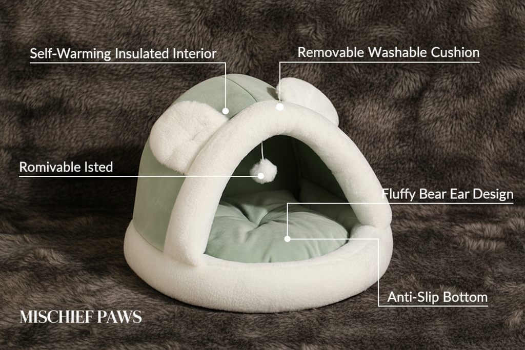 Feature callout infographic for igloo cave pet bed on faux fur
