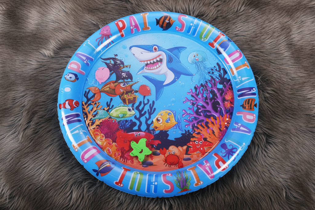 Shark Pirate Ship design water cooling mat hero shot on faux fur