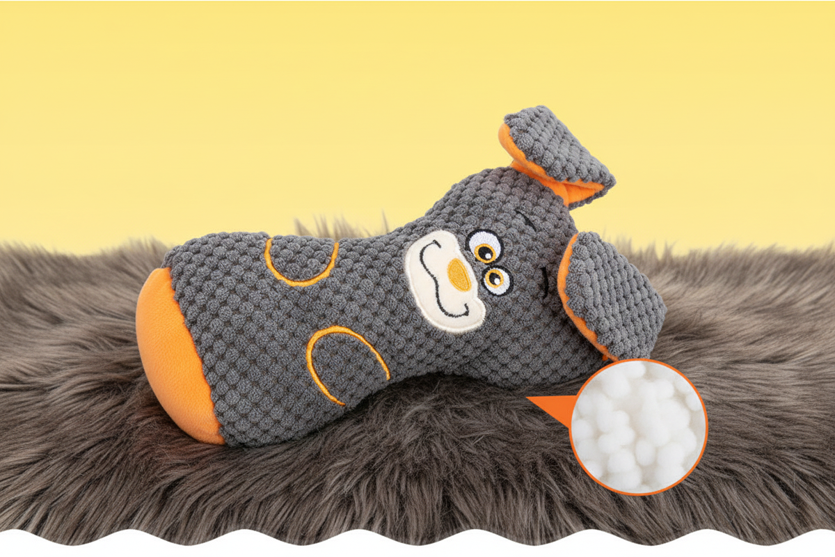 Close-up of orange accent plush dog toy with fabric texture detail on faux fur