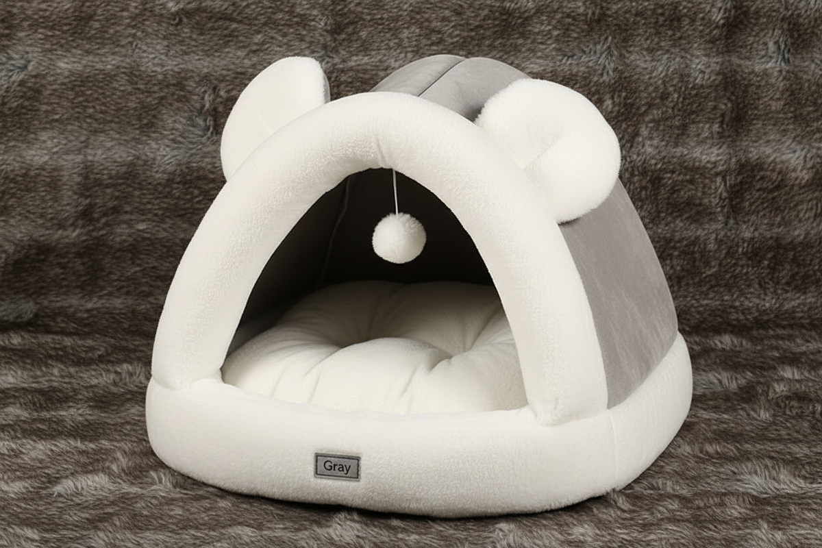 Gray igloo tent cave pet bed hero shot on faux fur