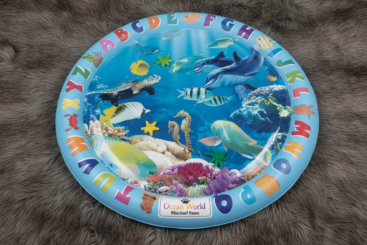 Ocean World design water cooling mat hero shot on faux fur