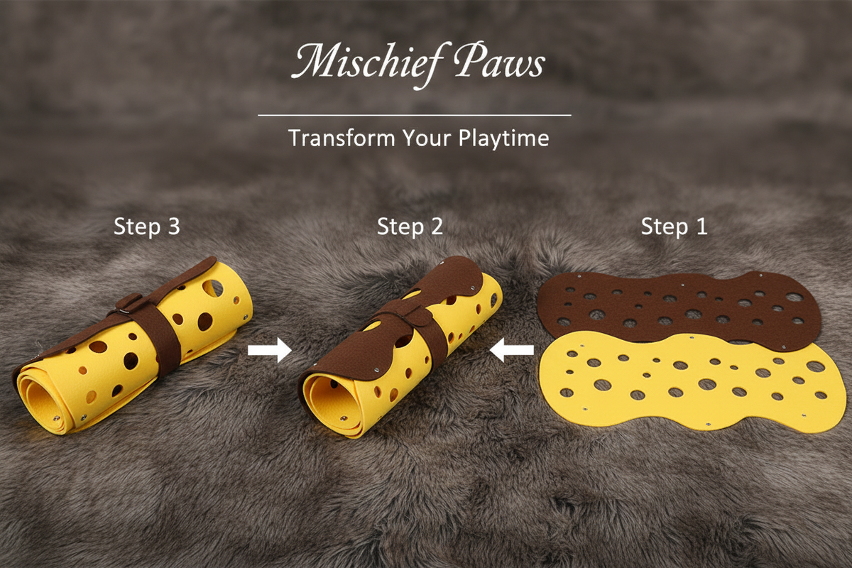 3-step transformation infographic from flat mat to rolled tunnel on faux fur