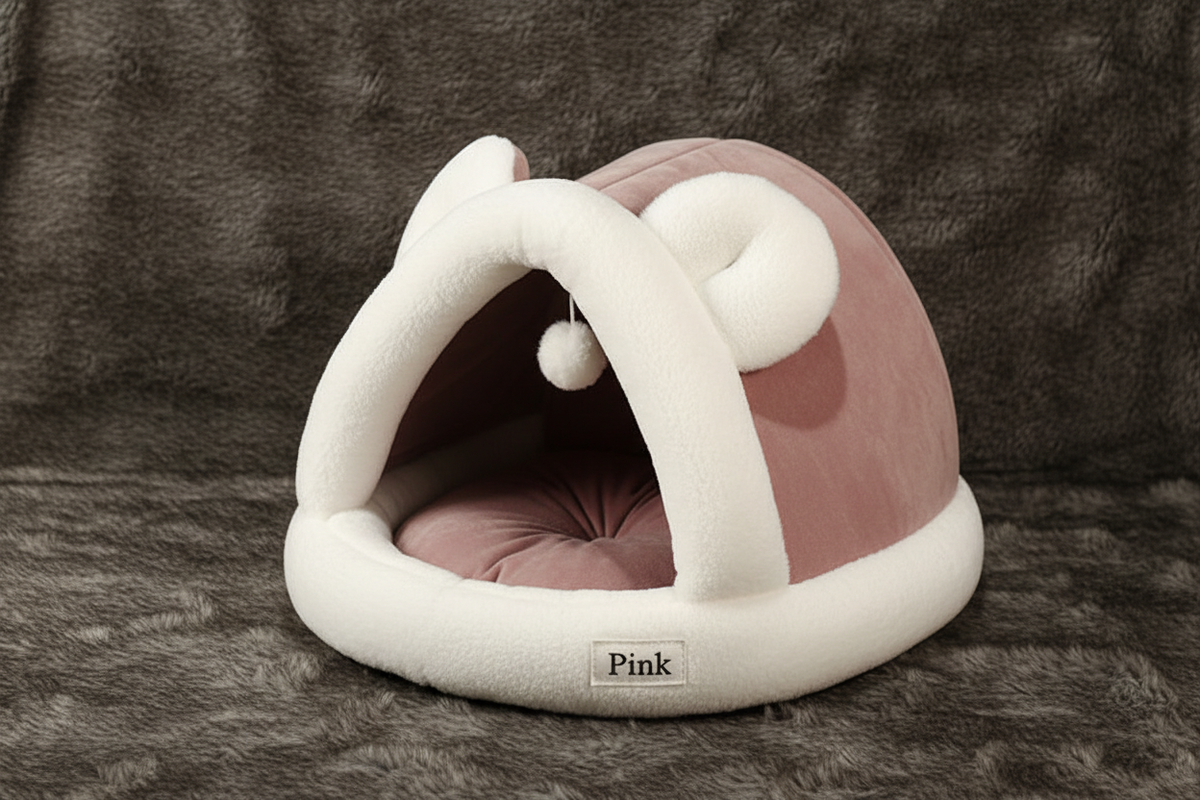 Pink igloo tent cave pet bed hero shot on faux fur
