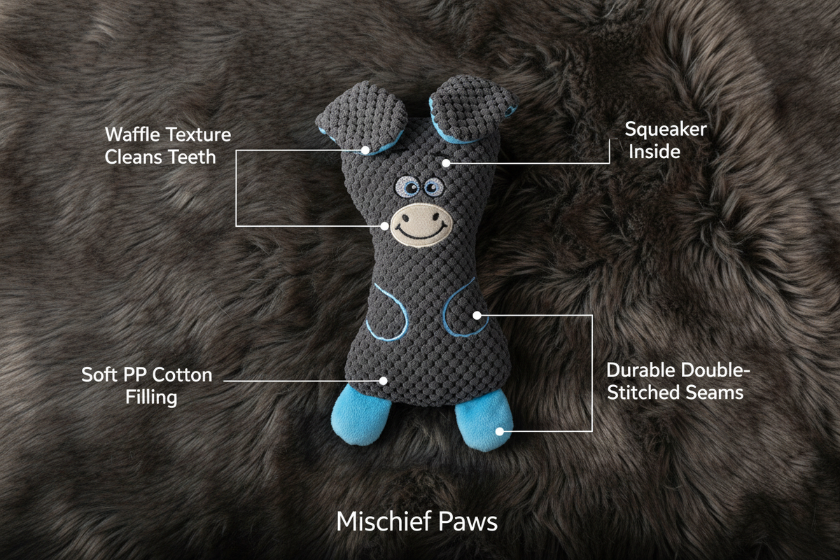 Feature callout infographic for squeaky plush dog toy on faux fur