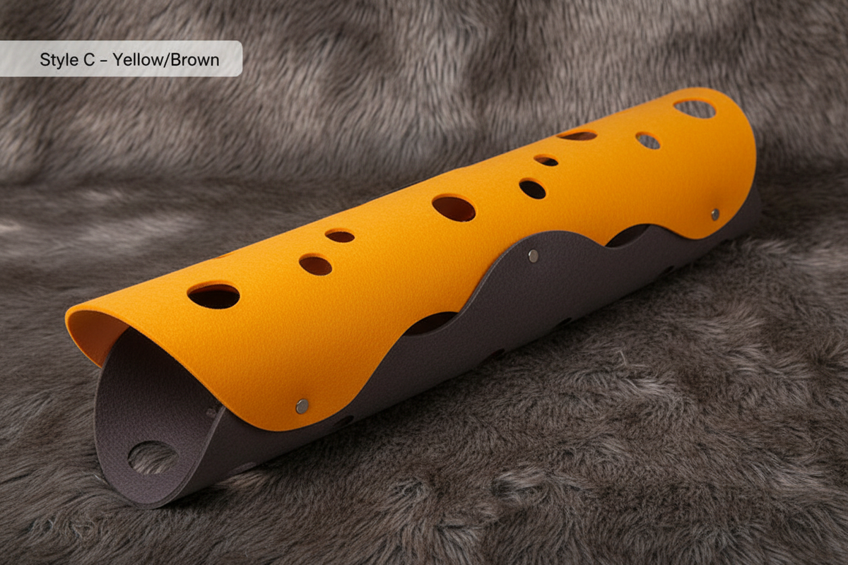 Style C yellow brown felt roll tunnel hero shot on faux fur