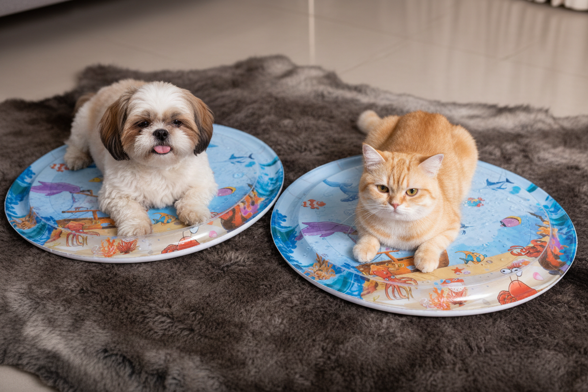Shih Tzu and tabby cat on two different cooling mats on faux fur