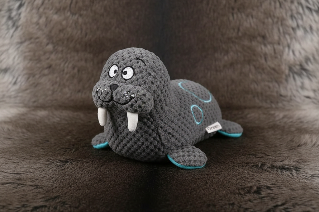 Green accent walrus plush squeaky dog toy hero shot on faux fur