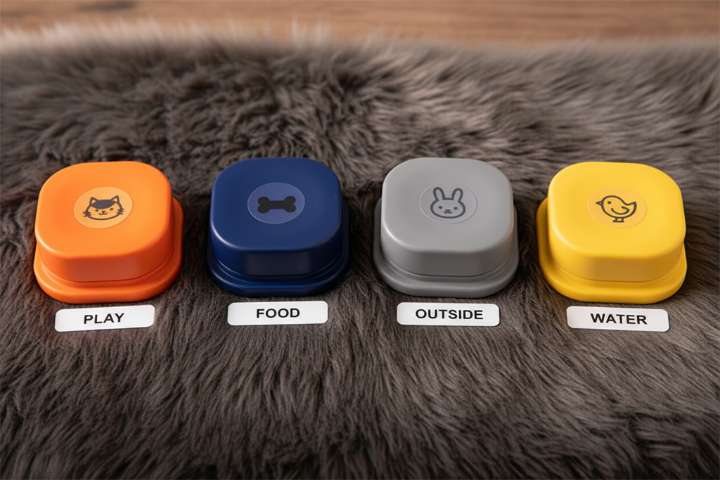 4-color communication button lineup on faux fur