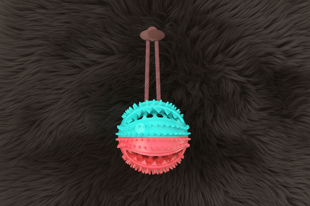Teal and pink chew ball close-up