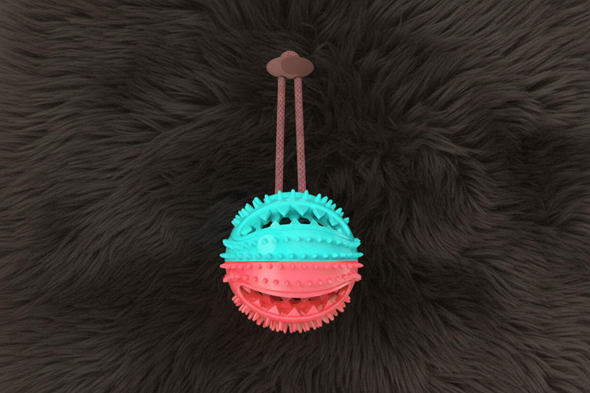 Teal and pink chew ball close-up