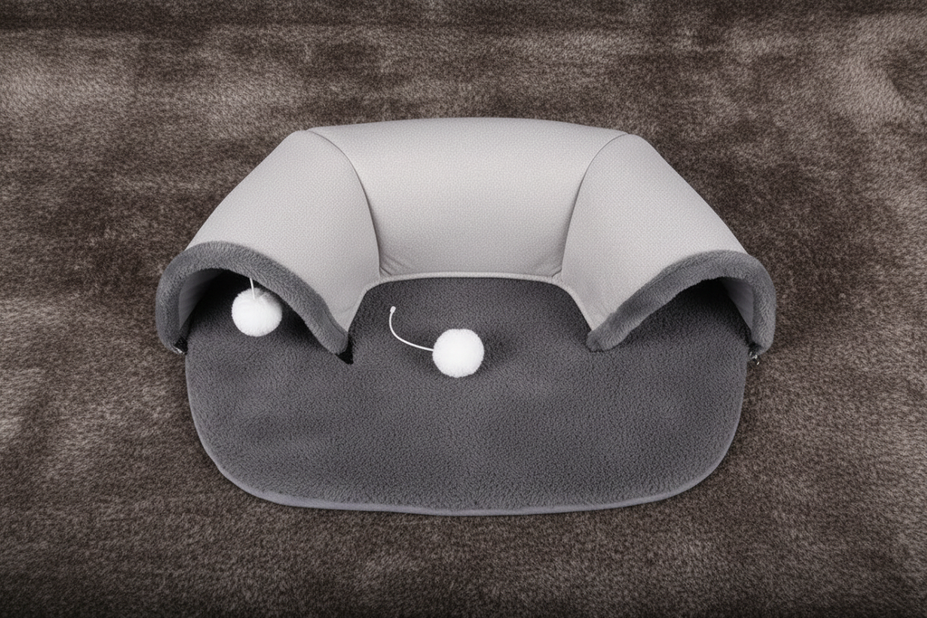Flat lay overhead of gray oval cat tunnel with mat fully spread