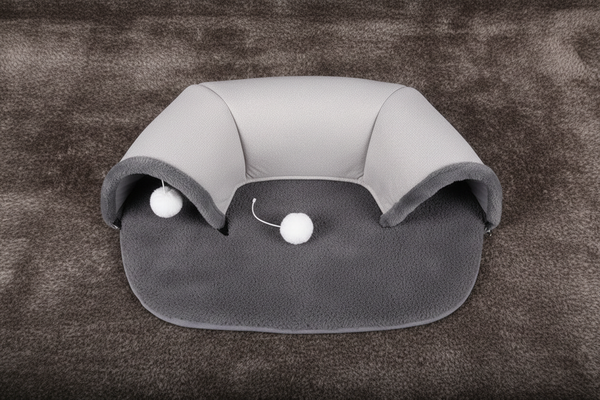 Flat lay overhead of gray oval cat tunnel with mat fully spread