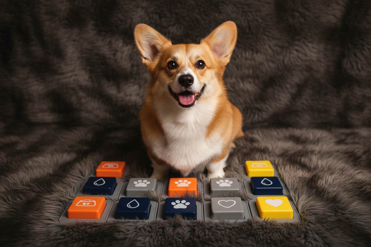 Corgi surrounded by 9 communication buttons