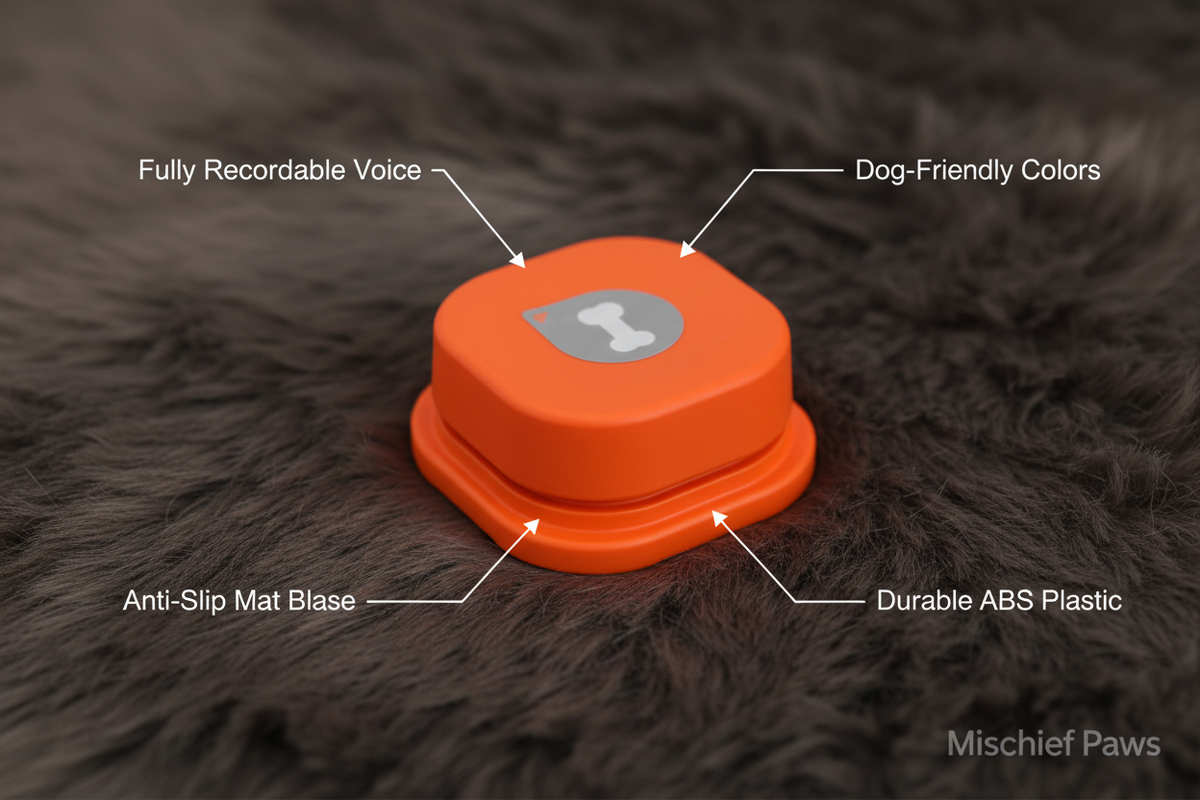 Feature callout infographic for pet communication button on faux fur