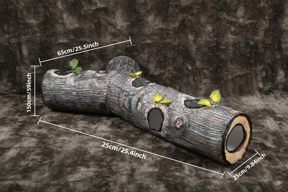 Tree hole log tunnel size infographic on faux fur background