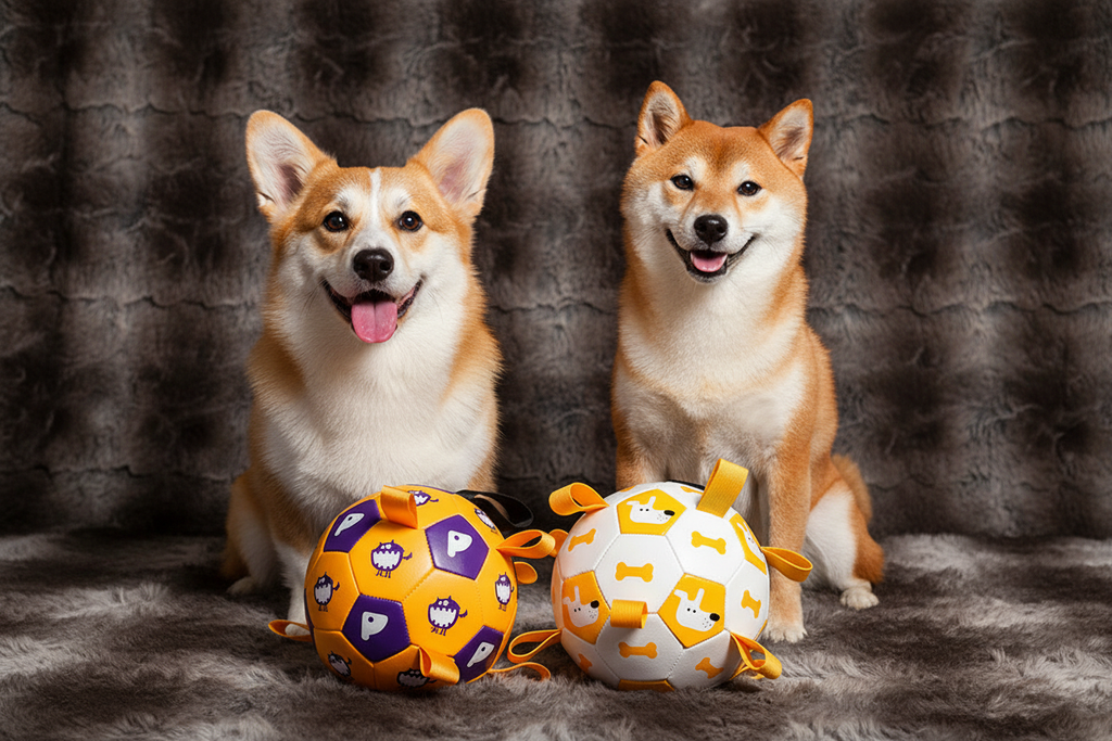 Corgi and Shiba Inu with printed dog soccer balls on faux fur