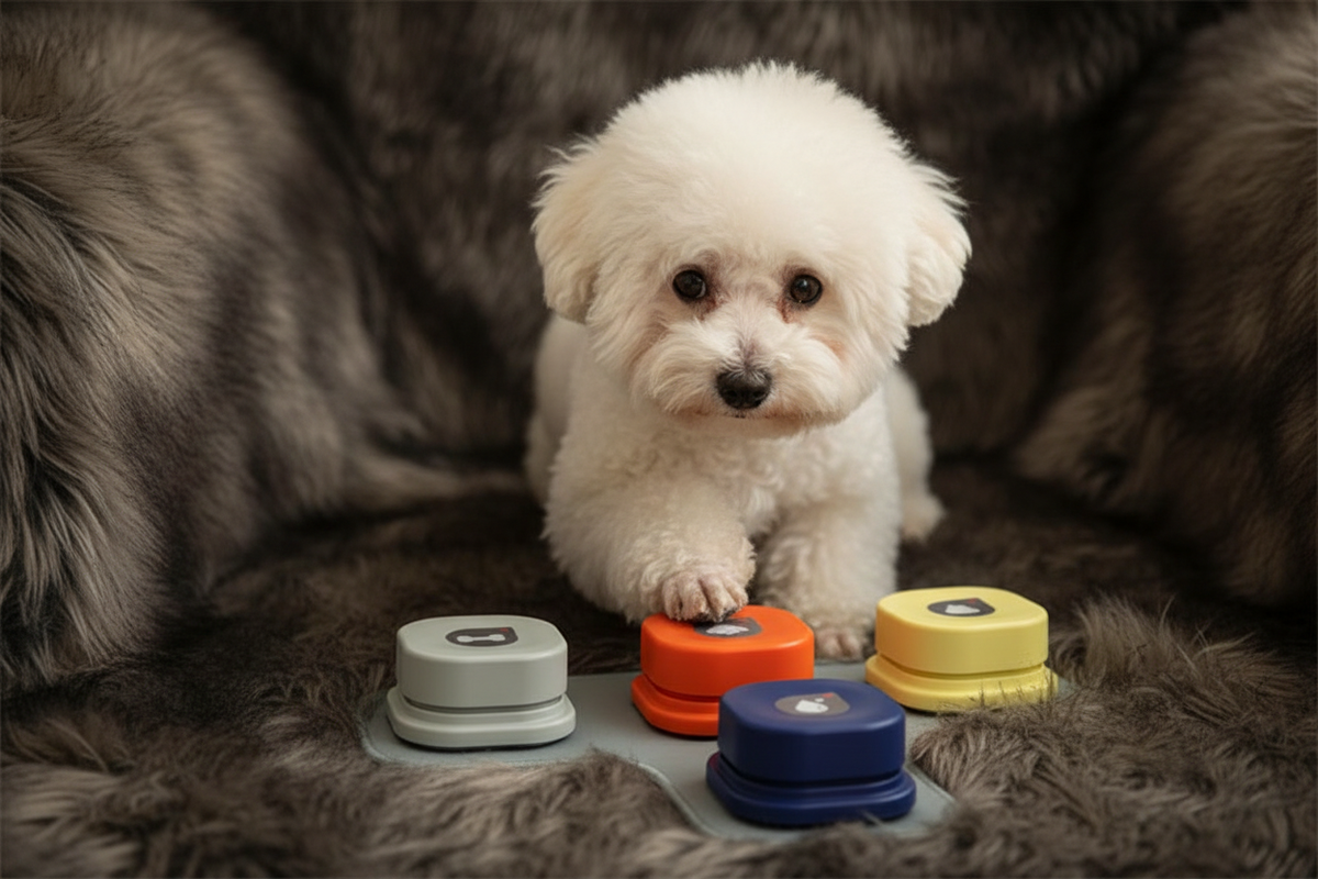 Bichon close-up pressing orange button