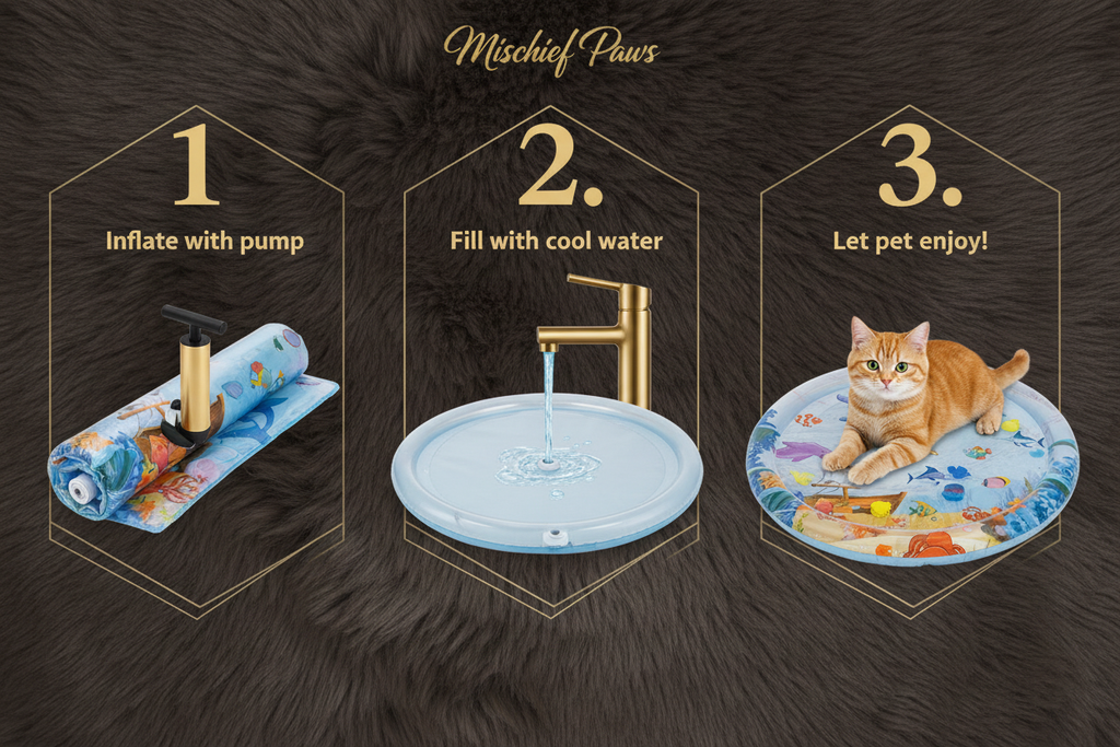3-step how to inflate water pet mat infographic on faux fur
