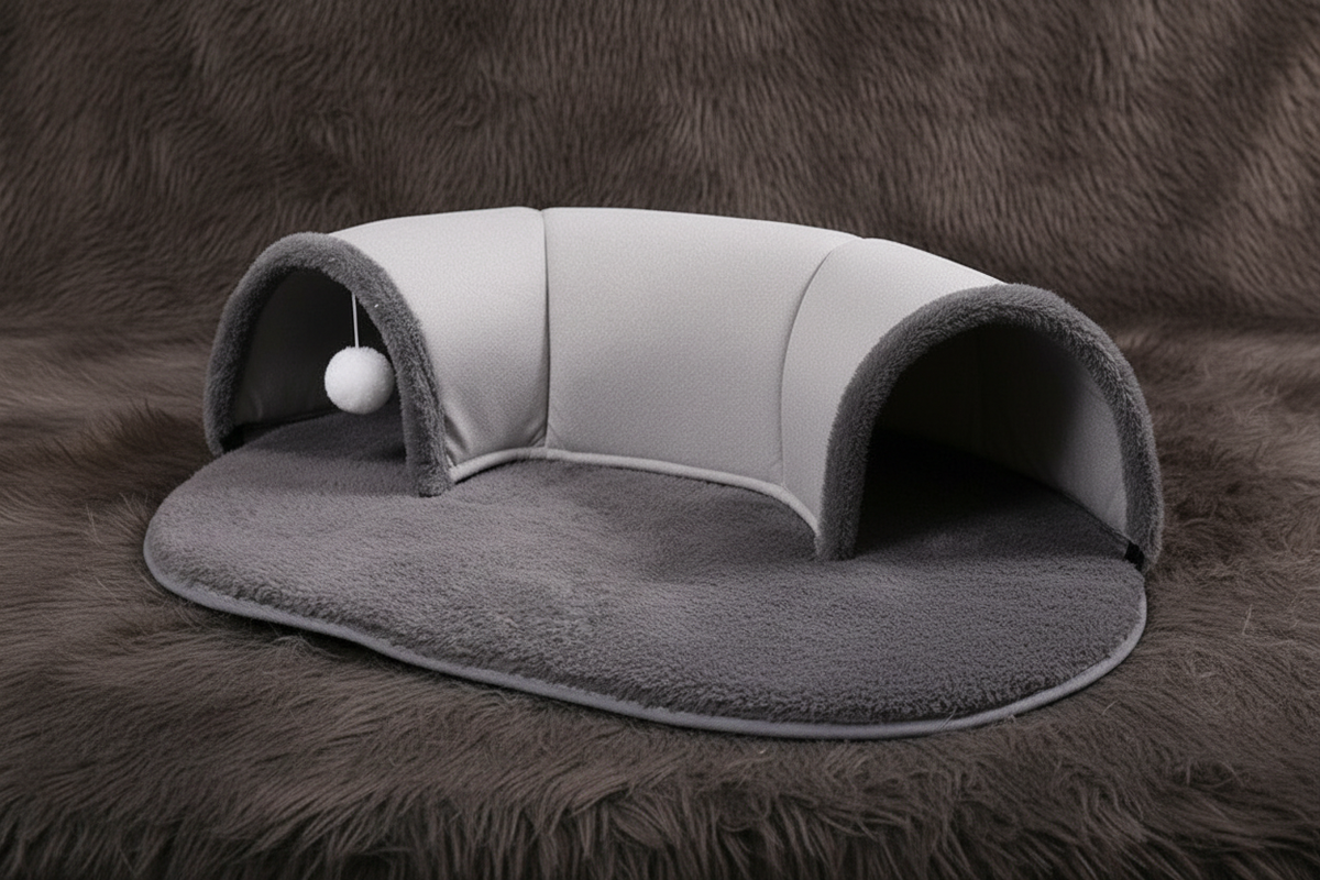 Gray oval cat tunnel with plush mat and pompom ball hero product shot