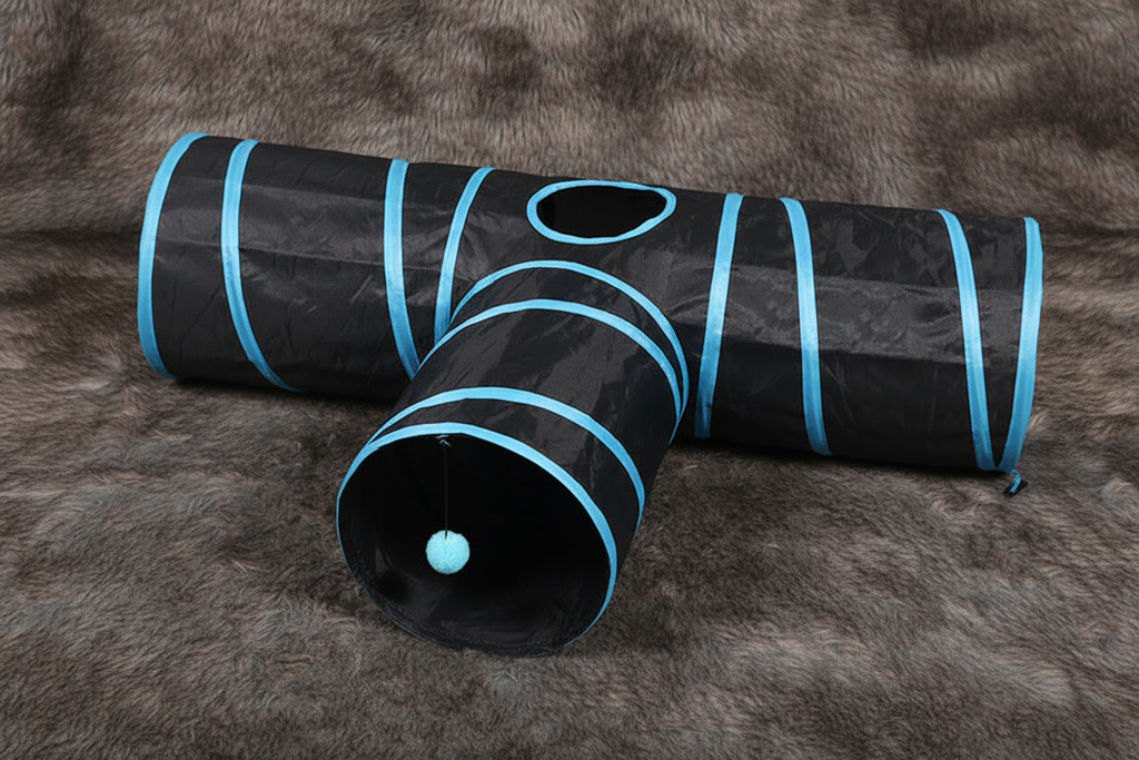 Black blue stripe T-shape cat tunnel hero shot on faux fur