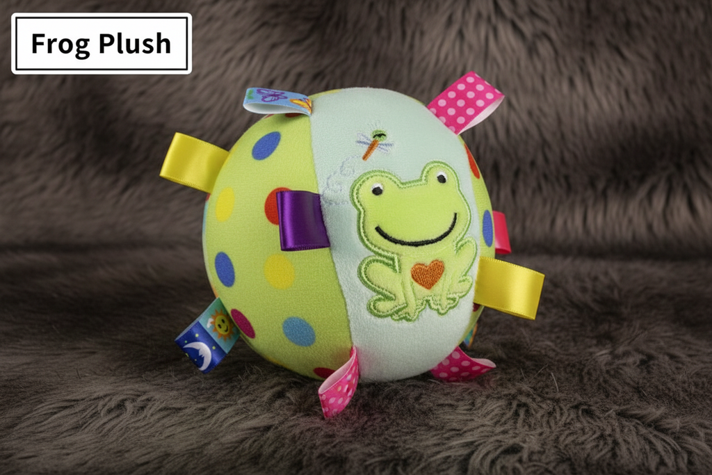 Frog Plush green polka dot ball hero shot on faux fur