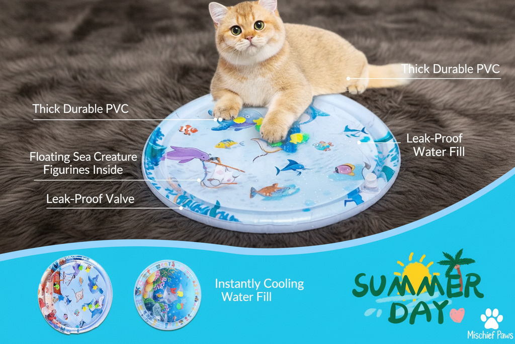 Feature callout infographic for water cooling pet mat on faux fur