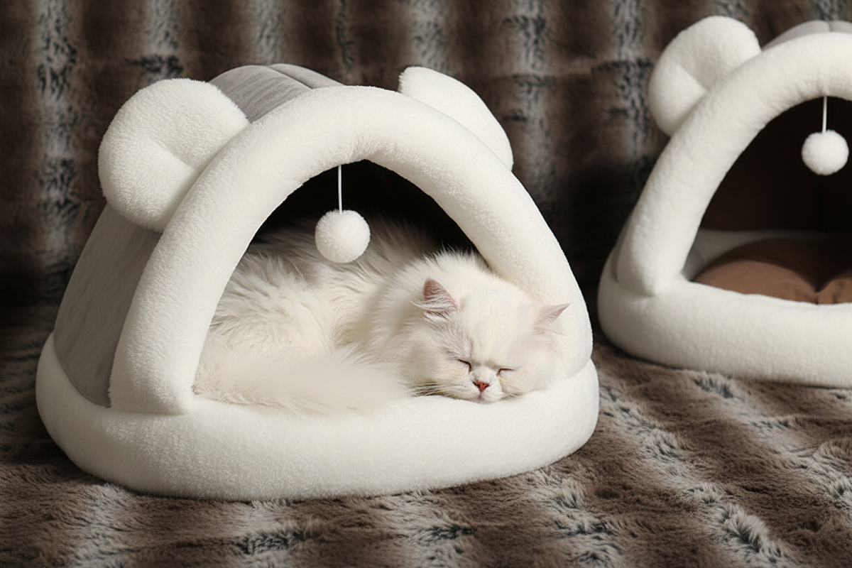 White Persian cat sleeping inside gray igloo cave bed on faux fur