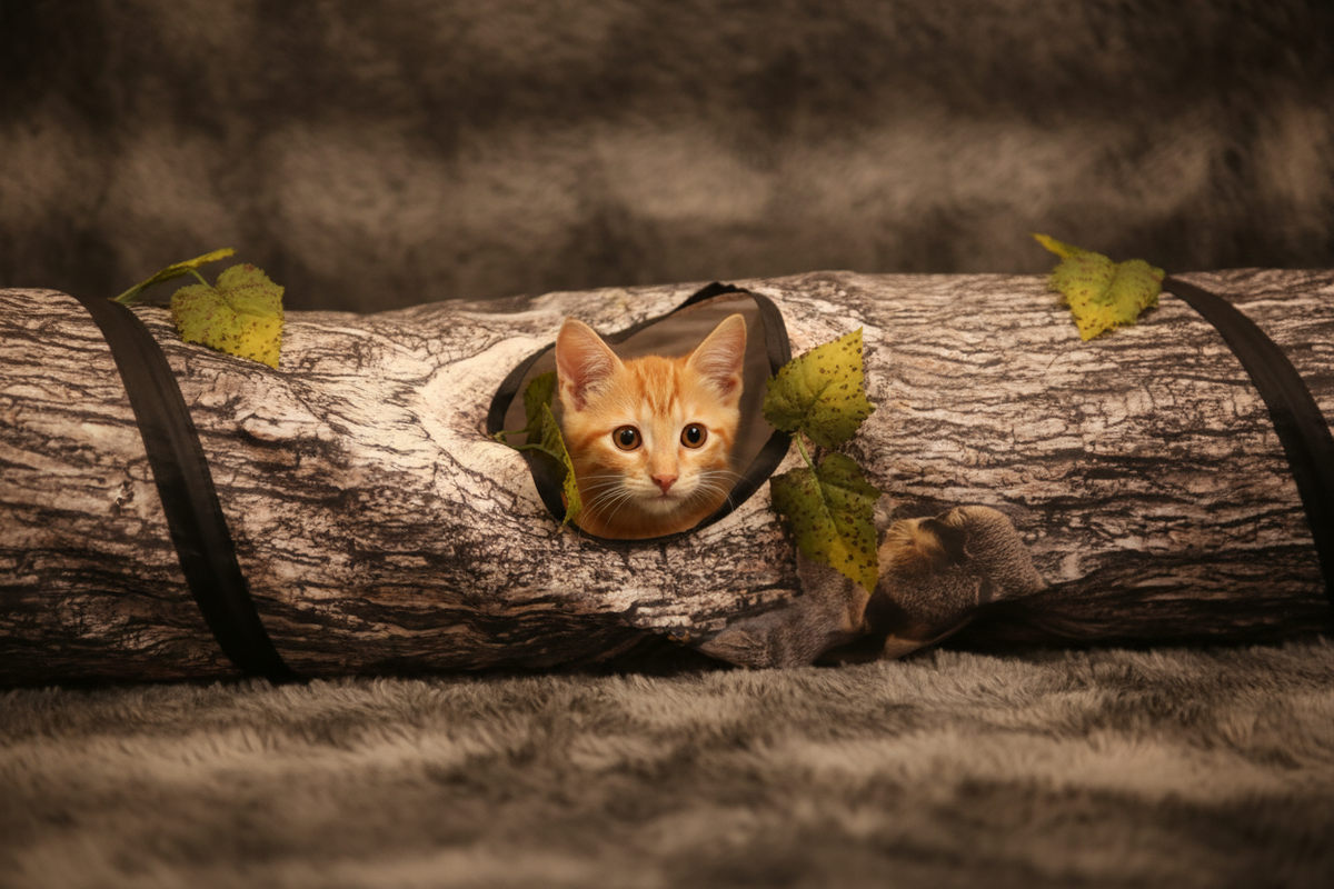 Orange tabby kitten peeking through tree-hole log tunnel on faux fur