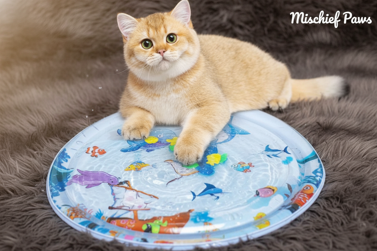 Golden tabby cat lounging on inflatable water cooling mat on faux fur