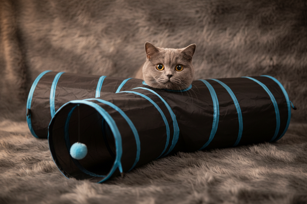 British Shorthair peeking through peekhole on top of black cat tunnel