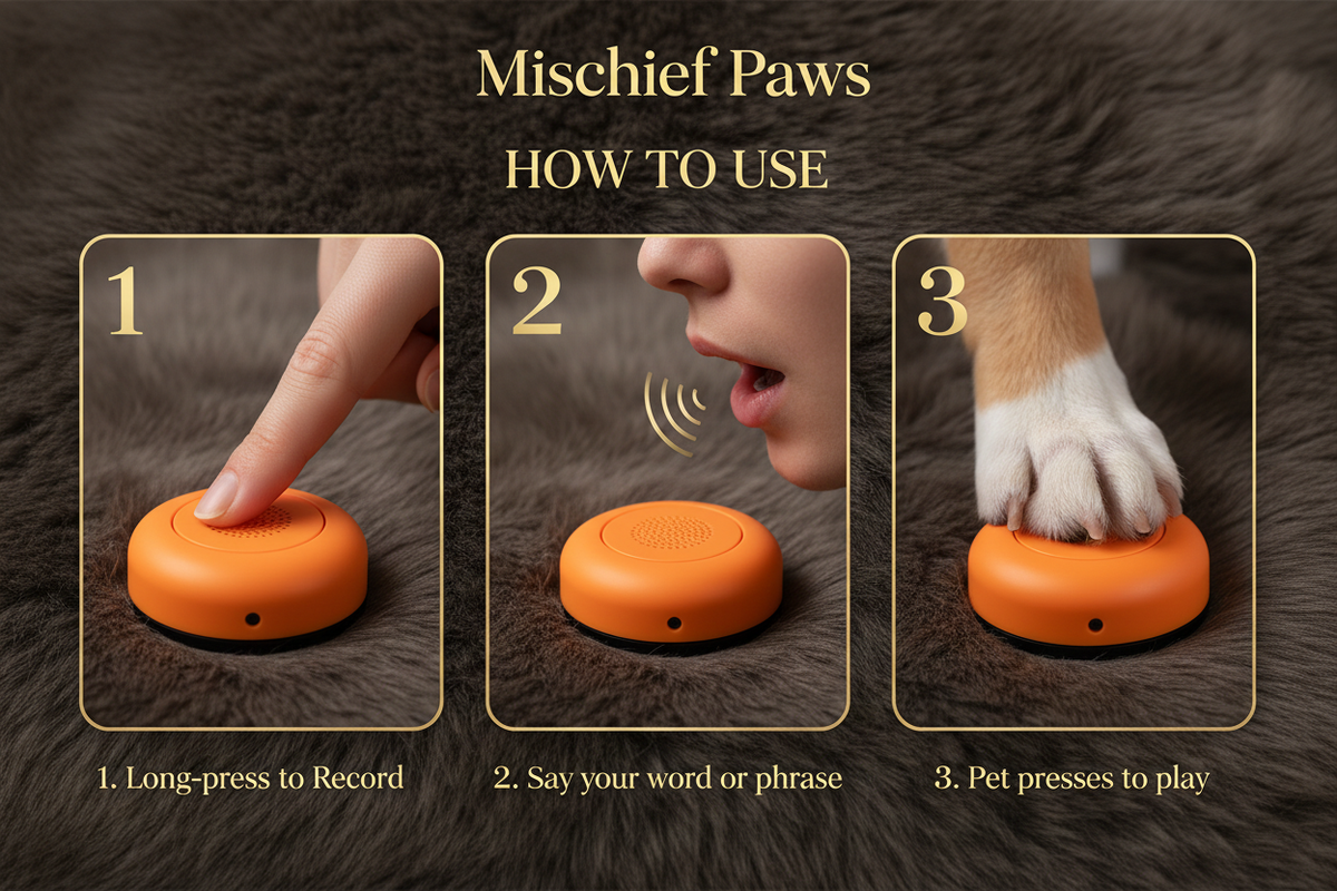 3-step how to use infographic for pet communication button on faux fur