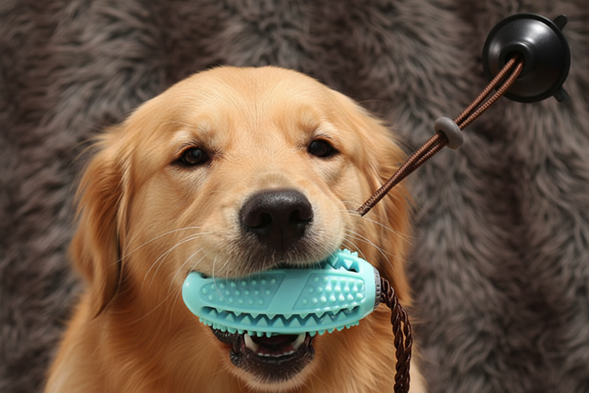 Golden retriever biting teal chew ball