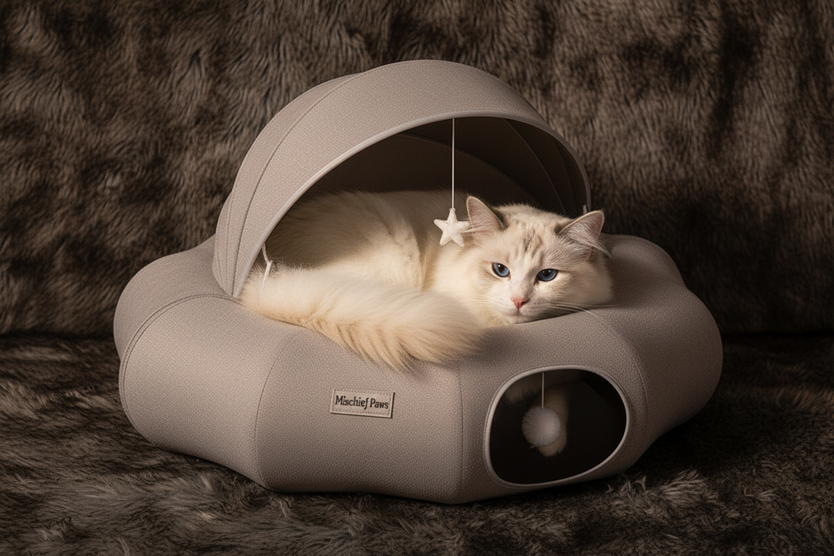 Ragdoll cat curled inside round donut cloud cat tunnel nest on faux fur