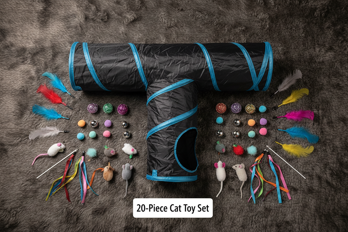 Black tunnel with 20-piece cat toy set bundle on faux fur