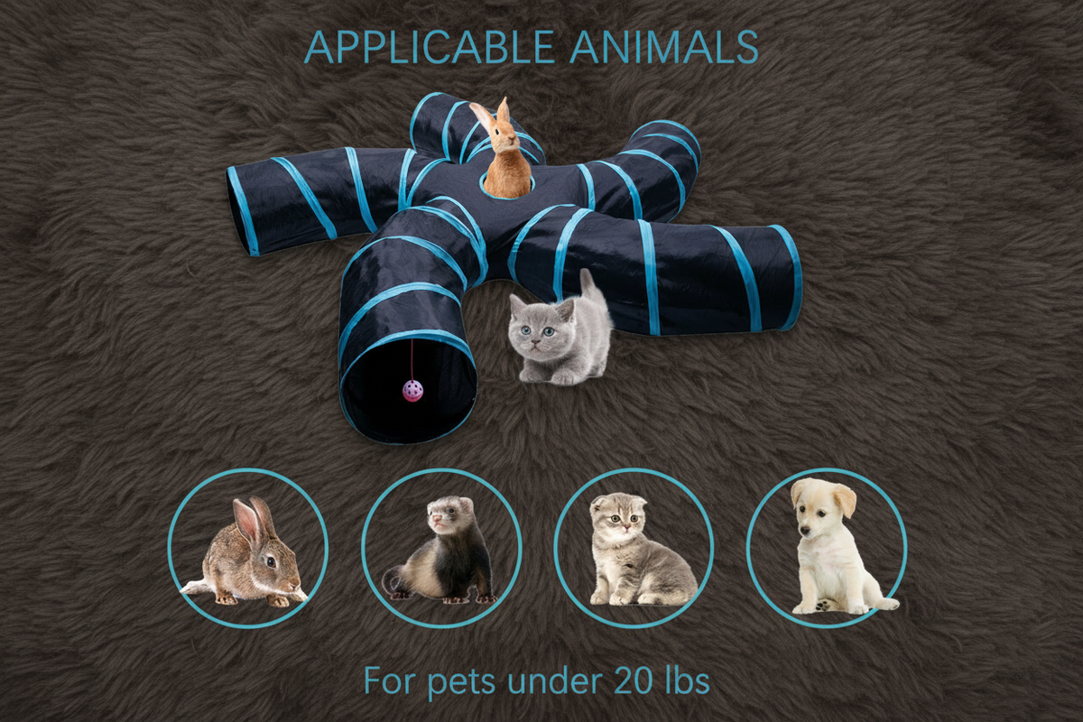Applicable animals infographic for cat tunnel on faux fur background