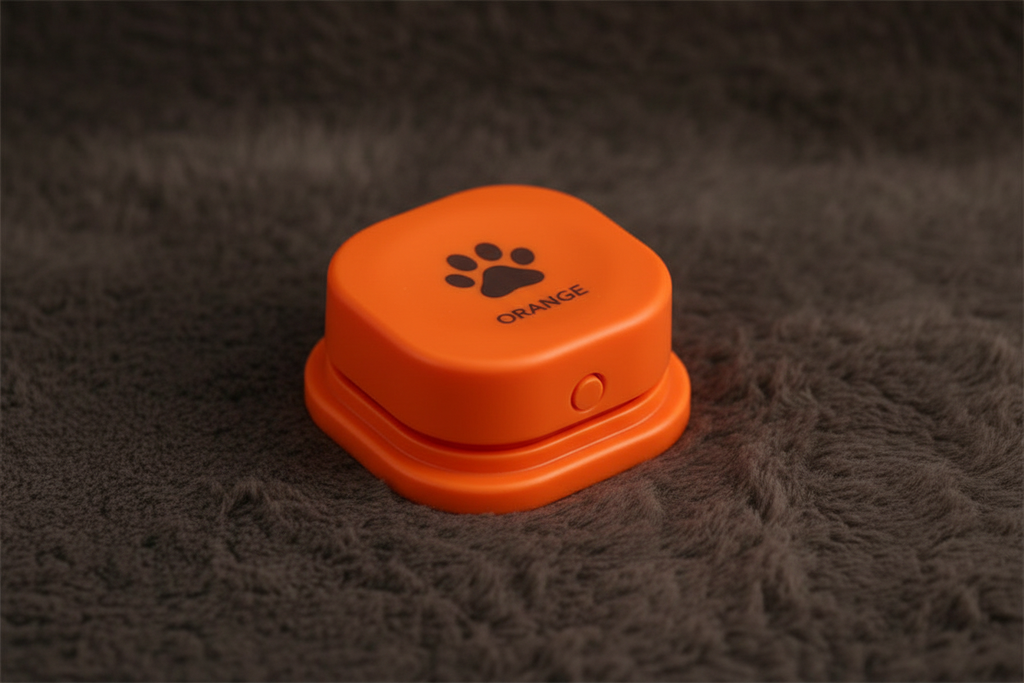 Single orange pet communication button hero shot on faux fur